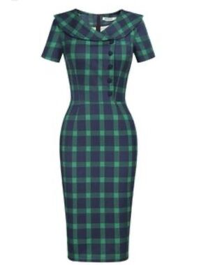 Belle Poque Green & Navy Plaid Short-Sleeve Dress - Classic Sailor Collar